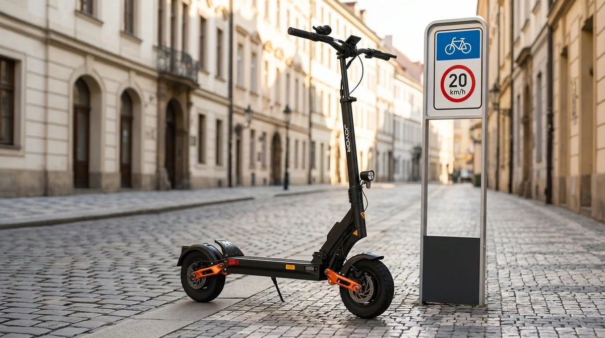 Joyor electric scooter parked on a paved European street displaying official EU compliance features and speed controller system.