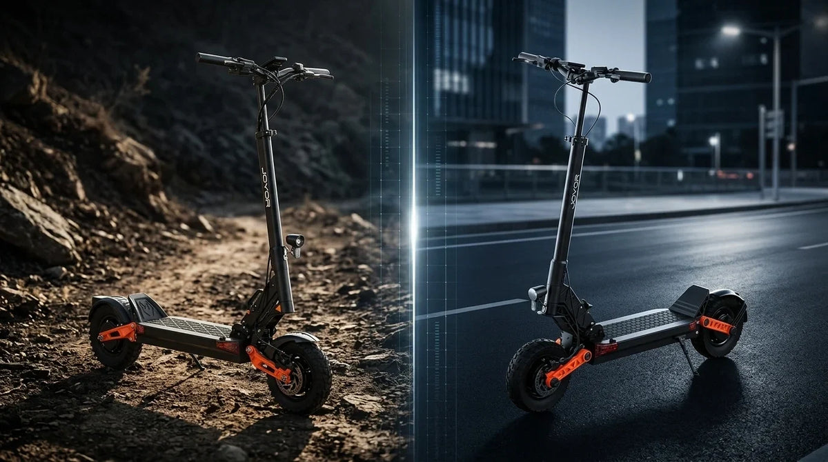 Side-by-side technical comparison between Joyor T10 and Joyor S10-SZ dual motor electric scooters on outdoor road.