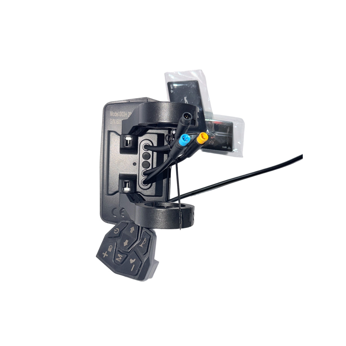 Close-up of waterproof multi-pin color-coded cable connectors and handlebar mounting clamps for JOYOR T10 and S10S-Z NFC display replacement.